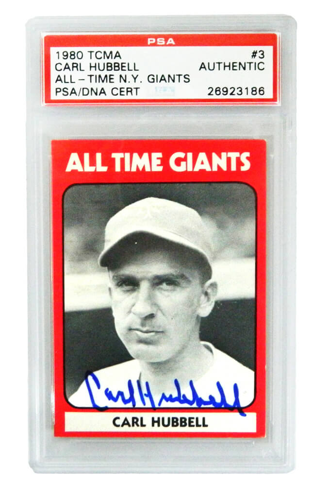 Carl Hubbell Signed Giants 1980 TCMA Baseball Trading Card #3 - (PSA Encapsulated) - HUBCAR100 - Carl Hubbell Signed Giants 1980 TCMA Baseball Trading Card #3 - (PSA Encapsulated) product image