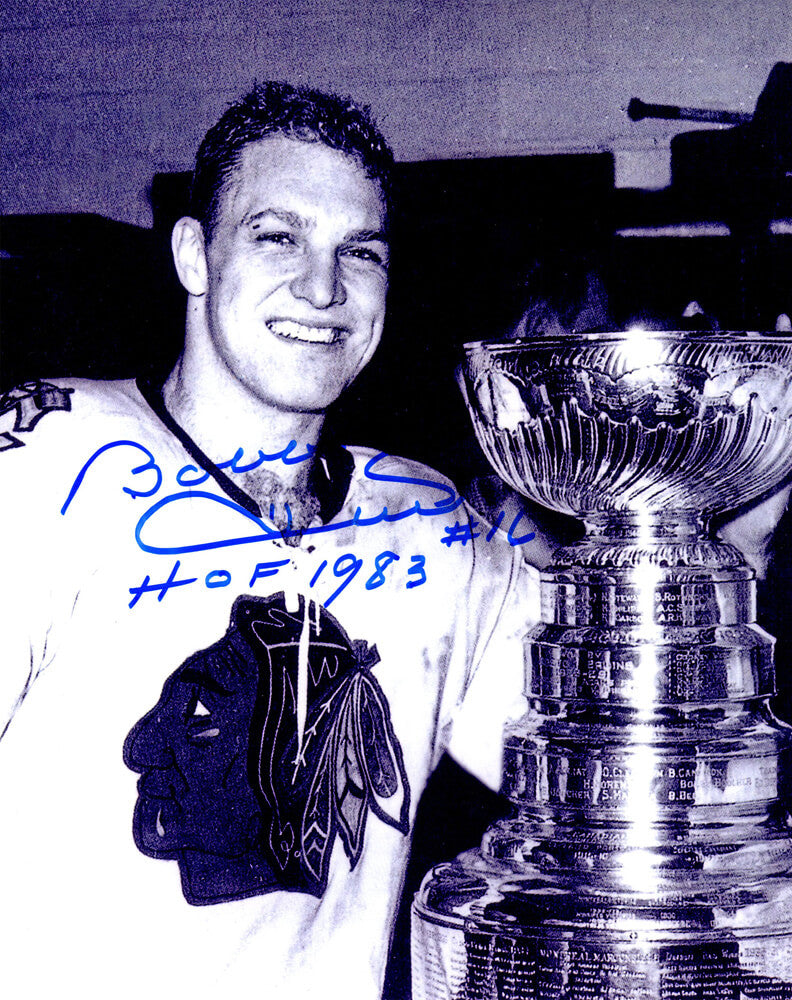 Bobby Hull Signed Chicago Blackhawks B&W With Stanley Cup 8x10 Photo w/HOF 1983 - HUL08P455 - Bobby Hull Signed Chicago Blackhawks B&W With Stanley Cup 8x10 Photo w/HOF 1983 product image