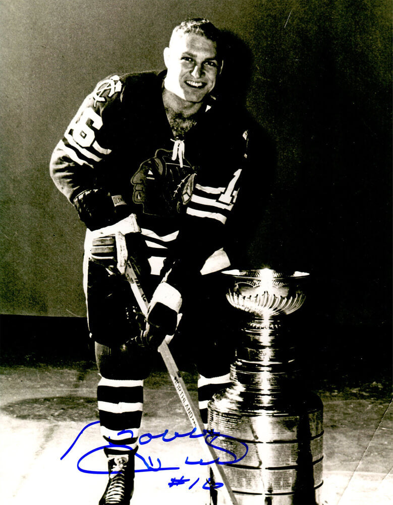 Bobby Hull Signed Chicago Blackhawks On Ice With Stanley Cup 11x14 Photo - HUL11P416 - Bobby Hull Signed Chicago Blackhawks On Ice With Stanley Cup 11x14 Photo product image