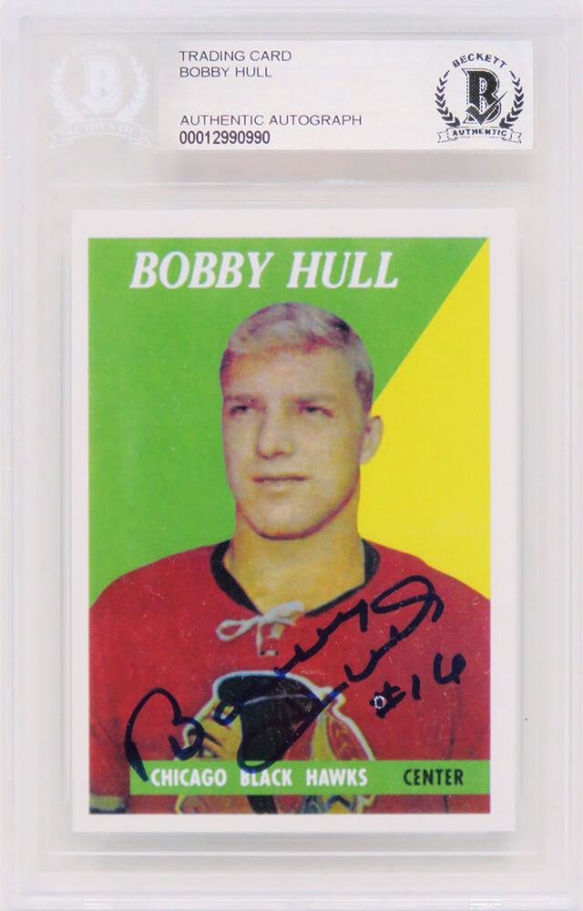 Bobby Hull Signed Chicago Blackawks Rookie Reprint Hockey Trading Card #66  (Beckett Encapsulated) - HULCAR411 - Bobby Hull Signed Chicago Blackawks Rookie Reprint Hockey Trading Card #66 (Beckett Encapsulated) product image