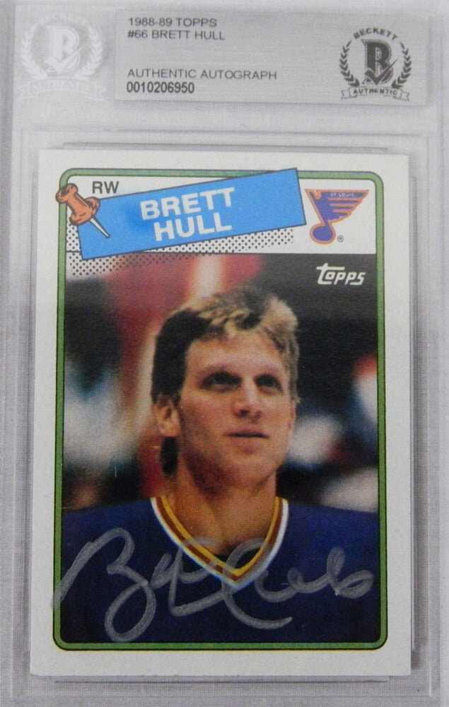 Brett Hull Signed St Louis Blues 1988 Topps Rookie Hockey Trading Card #66 (Beckett Encapsulated) - HULCAR476 - Brett Hull Signed St Louis Blues 1988 Topps Rookie Hockey Trading Card #66 (Beckett Encapsulated) product image
