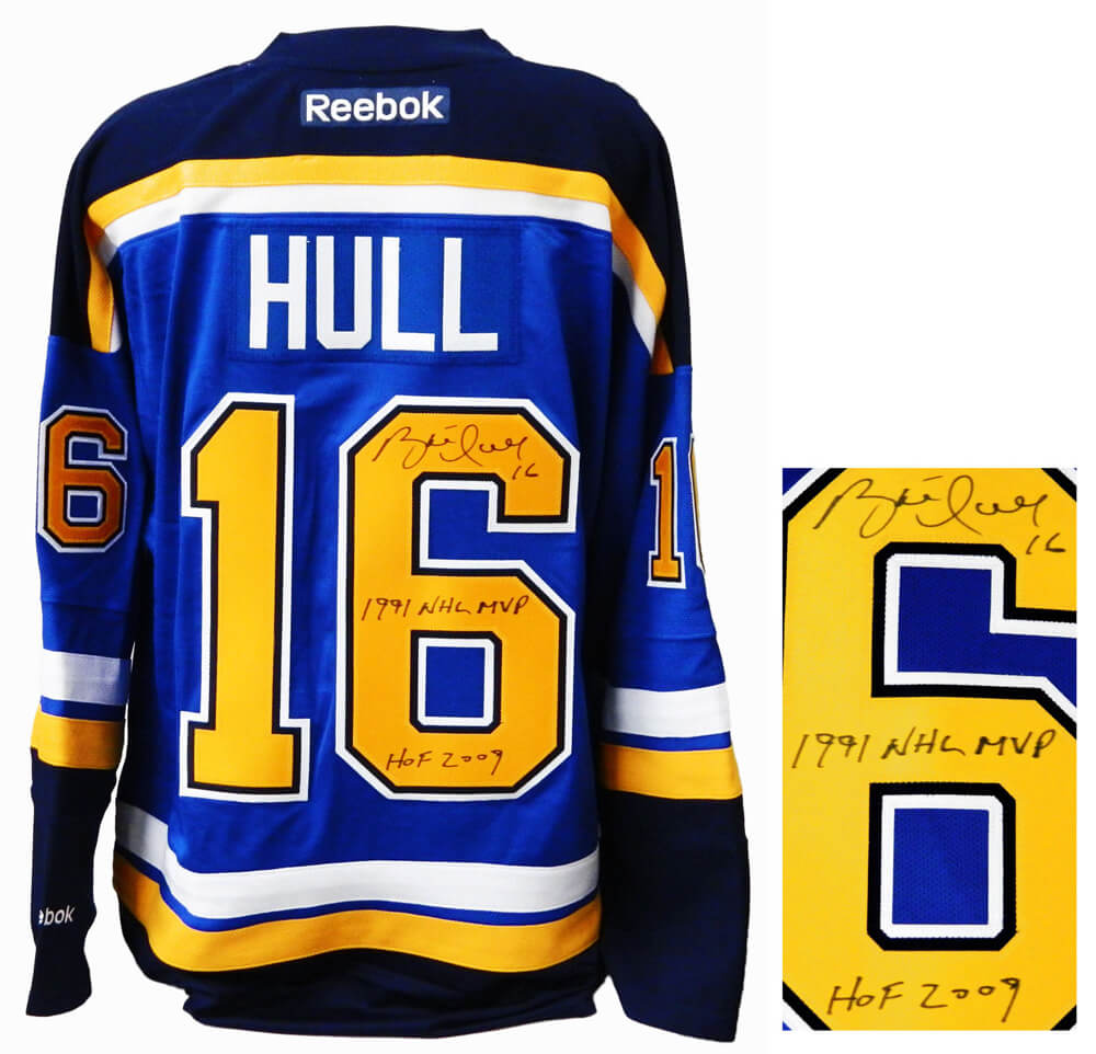 Brett Hull Signed St Louis Blues Reebok Premier Blue Hockey Jersey w/1991 NHL MVP, HOF 2009 - HULJRY451 - Brett Hull Signed St Louis Blues Reebok Premier Blue Hockey Jersey w/1991 NHL MVP, HOF 2009 product image