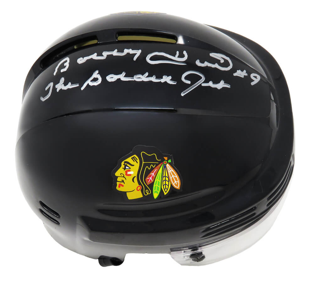 Bobby Hull Signed Blackhawks Black Hockey Mini Helmet w/The Golden Jet - HULMIN402 - Bobby Hull Signed Blackhawks Black Hockey Mini Helmet w/The Golden Jet product image