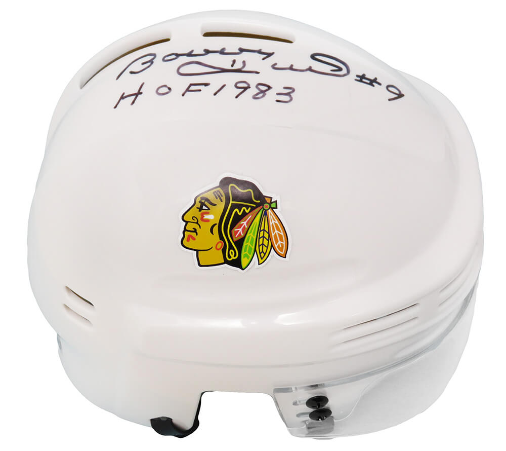 Bobby Hull signed Chicago Blackhawks White Hockey Mini Helmet w/HOF 1983 - HULMIN403 - Bobby Hull signed Chicago Blackhawks White Hockey Mini Helmet w/HOF 1983 product image