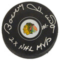 Bobby Hull Signed Blackhawks Logo Hockey Puck w/2x NHL MVP - HULPUC403 - Bobby Hull Signed Blackhawks Logo Hockey Puck w/2x NHL MVP product image