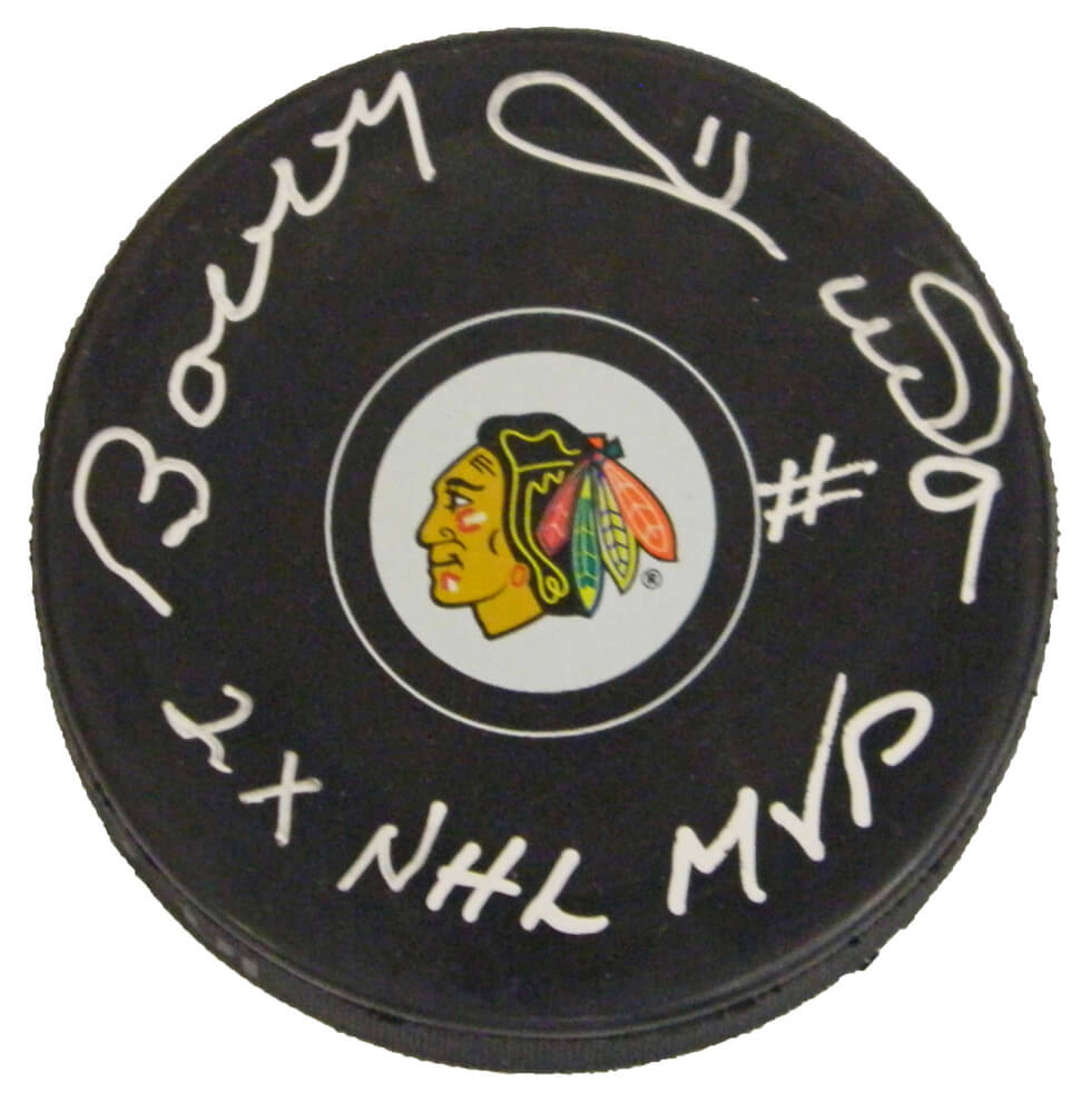 Bobby Hull Signed Blackhawks Logo Hockey Puck w/2x NHL MVP - HULPUC403 - Bobby Hull Signed Blackhawks Logo Hockey Puck w/2x NHL MVP product image