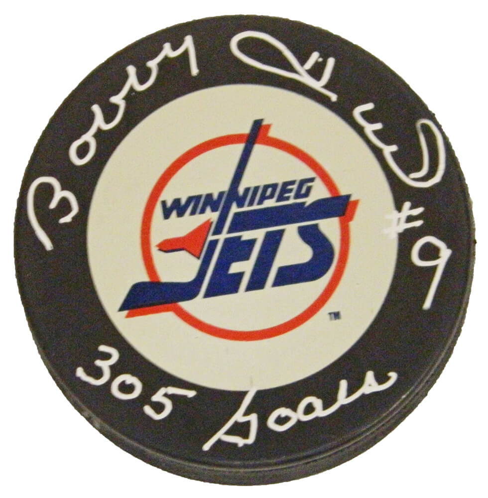 Bobby Hull Signed Winnipeg Jets Logo Hockey Puck w/305 Goals - HULPUC406 - Bobby Hull Signed Winnipeg Jets Logo Hockey Puck w/305 Goals product image