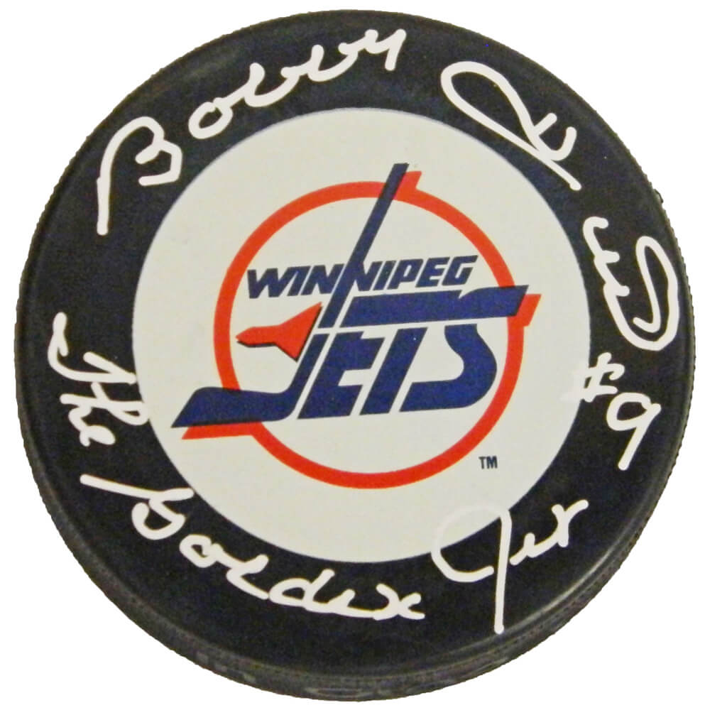 Bobby Hull Signed Winnipeg Jets Logo Hockey Puck w/The Golden Jet - HULPUC407 - Bobby Hull Signed Winnipeg Jets Logo Hockey Puck w/The Golden Jet product image