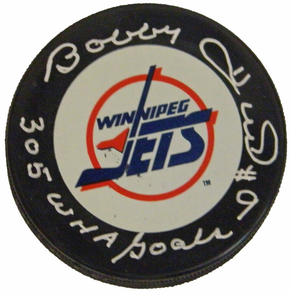 Bobby Hull Signed Winnipeg Jets Logo Hockey Puck w/305 WHA Goals - HULPUC408 - Bobby Hull Signed Winnipeg Jets Logo Hockey Puck w/305 WHA Goals product image