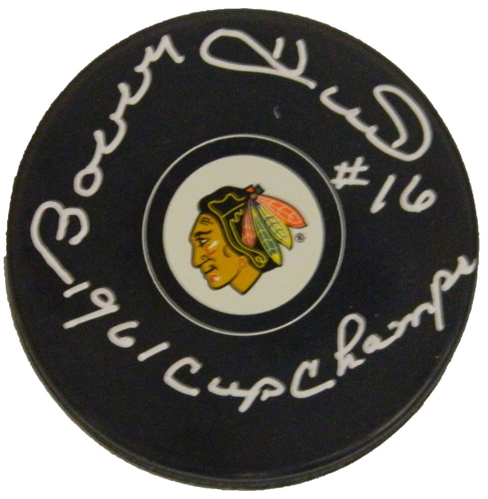 Bobby Hull Signed Blackhawks Logo Hockey Puck w/1961 Cup Champs - HULPUC409 - Bobby Hull Signed Blackhawks Logo Hockey Puck w/1961 Cup Champs product image