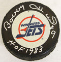 Bobby Hull Signed Winnipeg Jets Logo Hockey Puck w/HOF 1983 - HULPUC411 - Bobby Hull Signed Winnipeg Jets Logo Hockey Puck w/HOF 1983 product image
