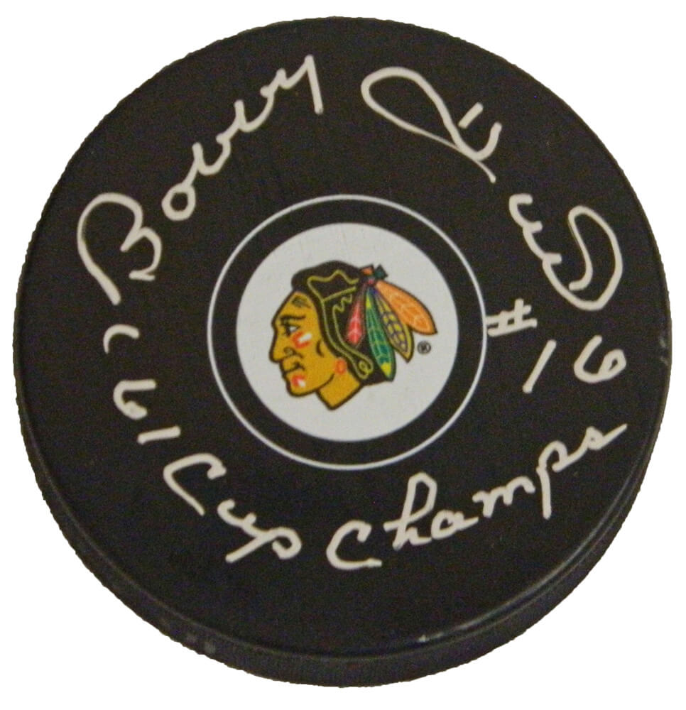Bobby Hull Signed Chicago Blackhawks Logo Hockey Puck w/'61 Cup Champs - HULPUC412 - Bobby Hull Signed Chicago Blackhawks Logo Hockey Puck w/'61 Cup Champs product image