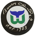 Bobby Hull Signed Hartford Whalers Logo Hockey Puck w/HOF 1983 - HULPUC413 - Bobby Hull Signed Hartford Whalers Logo Hockey Puck w/HOF 1983 product image