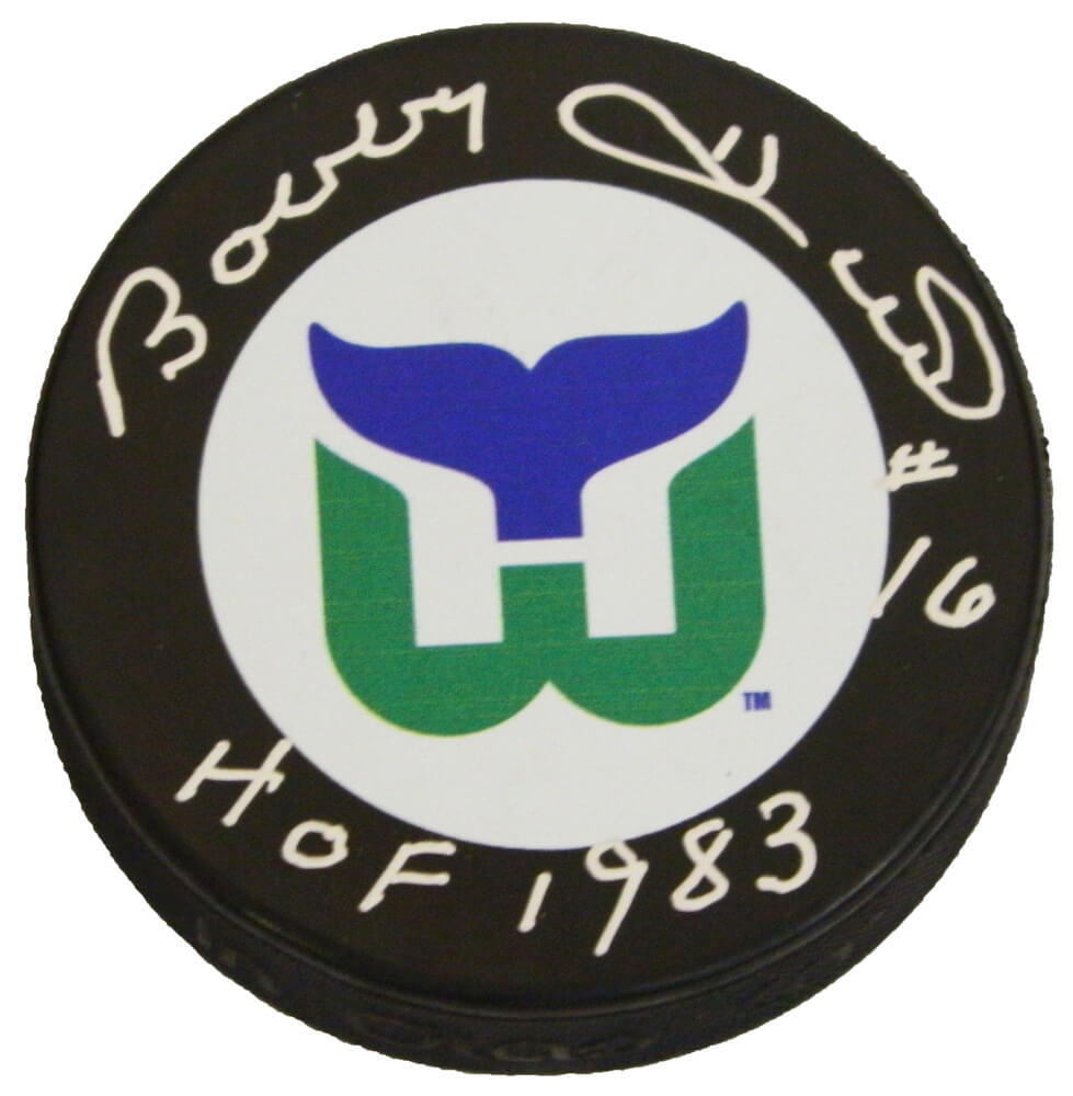 Bobby Hull Signed Hartford Whalers Logo Hockey Puck w/HOF 1983 - HULPUC413 - Bobby Hull Signed Hartford Whalers Logo Hockey Puck w/HOF 1983 product image
