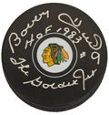 Bobby Hull Signed Chicago Blackhawks Logo Hockey Puck w/HOF 1983, The Golden Jet - HULPUC415 - Bobby Hull Signed Chicago Blackhawks Logo Hockey Puck w/HOF 1983, The Golden Jet product image
