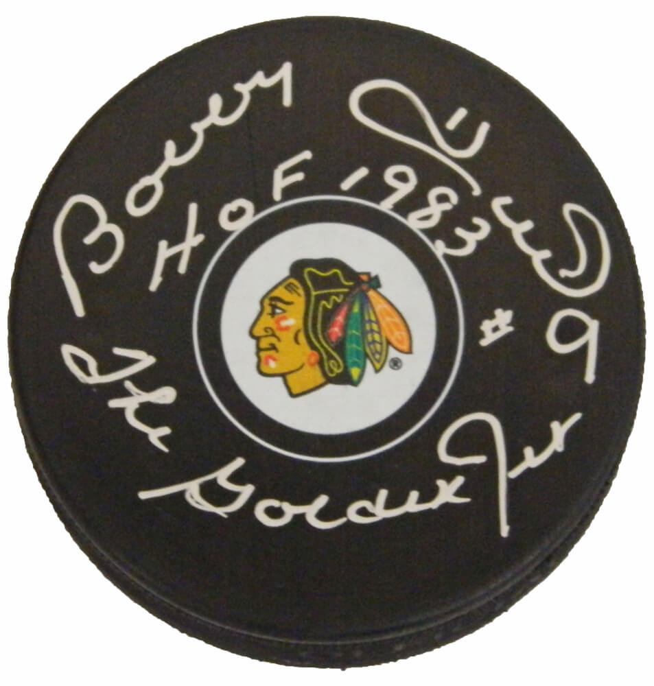 Bobby Hull Signed Chicago Blackhawks Logo Hockey Puck w/HOF 1983, The Golden Jet - HULPUC415 - Bobby Hull Signed Chicago Blackhawks Logo Hockey Puck w/HOF 1983, The Golden Jet product image