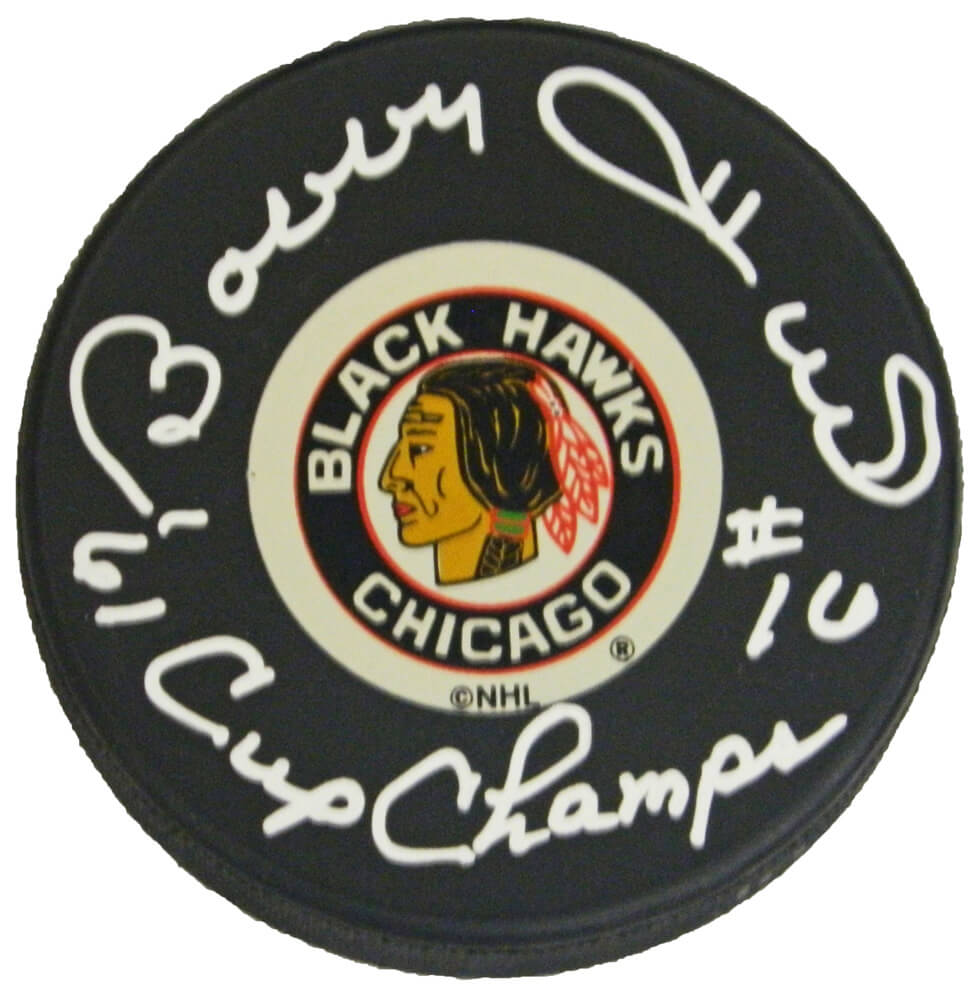 Bobby Hull Signed Chicago Blackhawks Original Six Logo Hockey Puck w/61 Champs - HULPUC417 - Bobby Hull Signed Chicago Blackhawks Original Six Logo Hockey Puck w/61 Champs product image