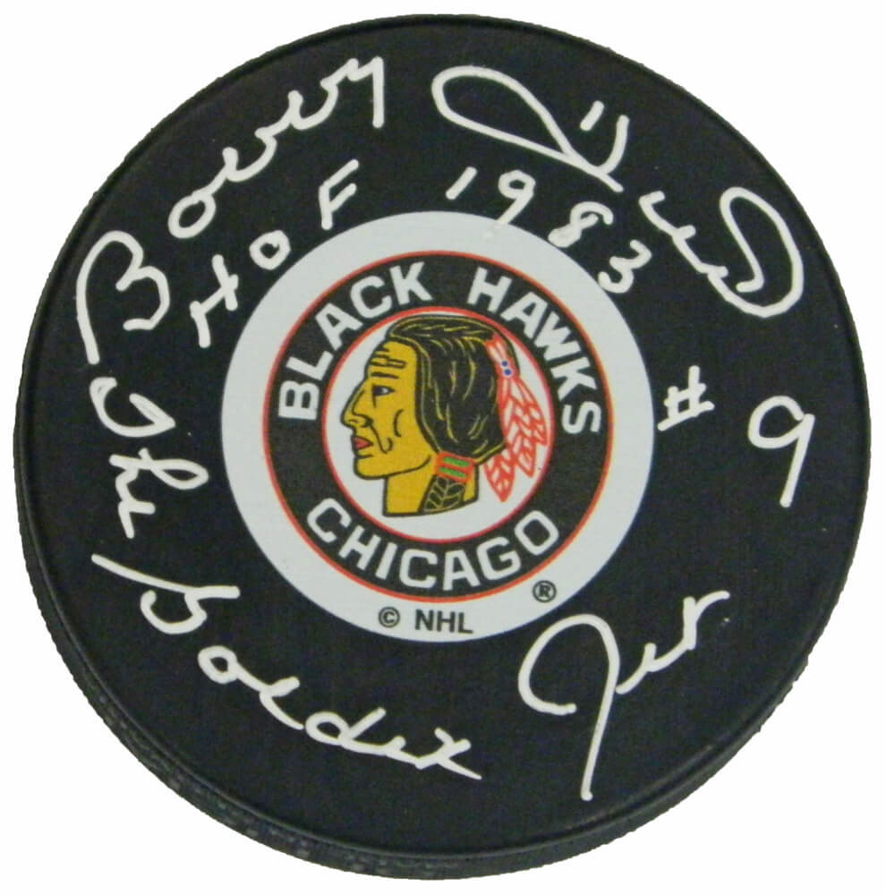 Bobby Hull Signed Blackhawks Original Six Logo Hockey Puck w/HOF 1983, The Golden Jet - HULPUC418 - Bobby Hull Signed Blackhawks Original Six Logo Hockey Puck w/HOF 1983, The Golden Jet product image