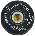 Bobby Hull Signed Chicago Blackhawks Logo Hockey Puck w/1st 50th 03-25-62 - HULPUC419 - Bobby Hull Signed Chicago Blackhawks Logo Hockey Puck w/1st 50th 03-25-62 product image