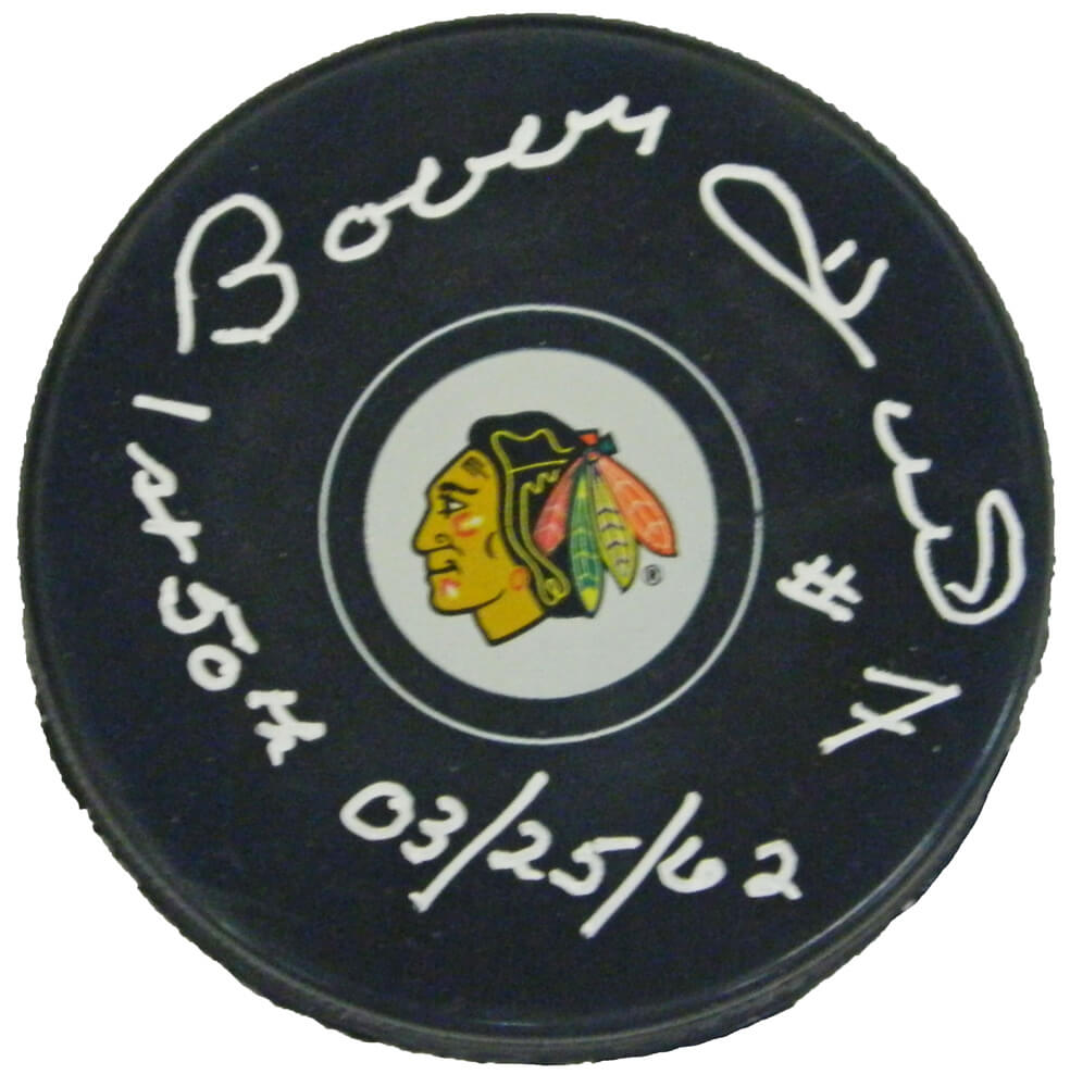 Bobby Hull Signed Chicago Blackhawks Logo Hockey Puck w/1st 50th 03-25-62 - HULPUC419 - Bobby Hull Signed Chicago Blackhawks Logo Hockey Puck w/1st 50th 03-25-62 product image