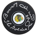 Bobby Hull Signed Chicago Blackhawks Logo Hockey Puck w/The Golden Jet - HULPUC423 - Bobby Hull Signed Chicago Blackhawks Logo Hockey Puck w/The Golden Jet product image