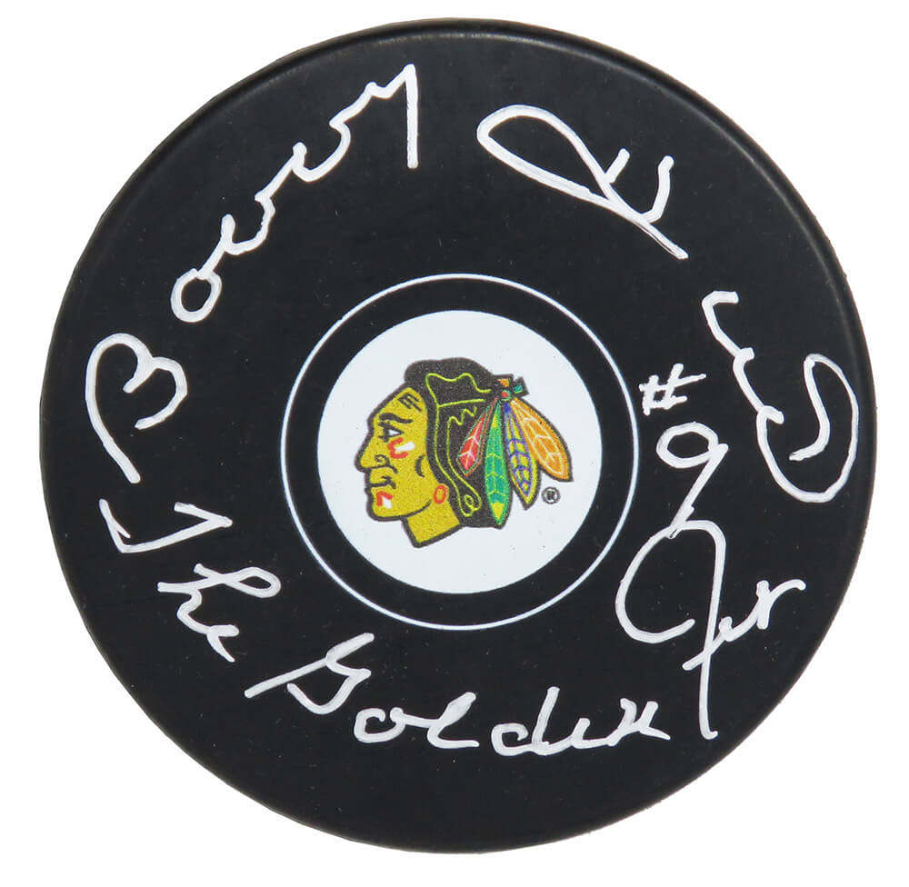 Bobby Hull Signed Chicago Blackhawks Logo Hockey Puck w/The Golden Jet - HULPUC423 - Bobby Hull Signed Chicago Blackhawks Logo Hockey Puck w/The Golden Jet product image