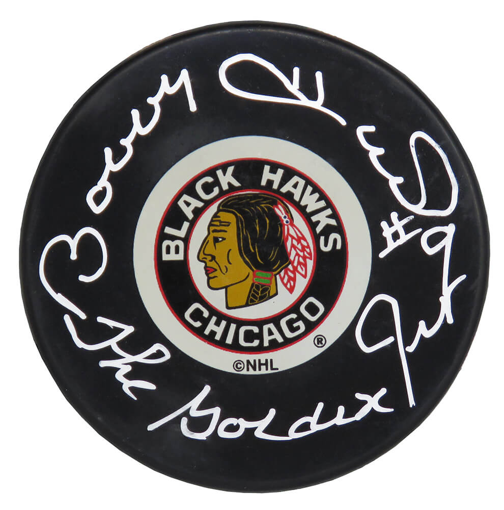 Bobby Hull Signed Chicago Blackhawks Original Six Logo Hockey Puck w/The Golden Jet - HULPUC424 - Bobby Hull Signed Chicago Blackhawks Original Six Logo Hockey Puck w/The Golden Jet product image