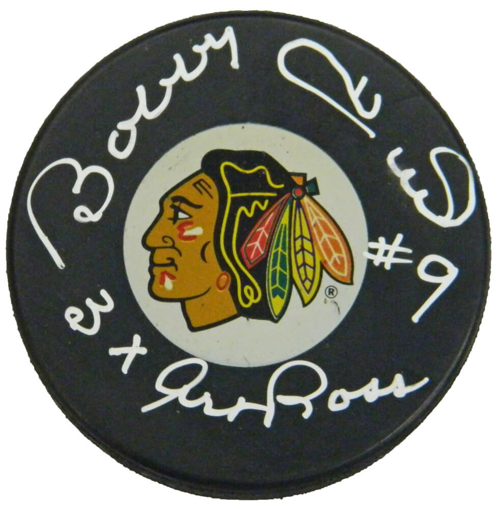 Bobby Hull Signed Blackhawks Logo Hockey Puck w/3x Art Ross - HULPUC427 - Bobby Hull Signed Blackhawks Logo Hockey Puck w/3x Art Ross product image