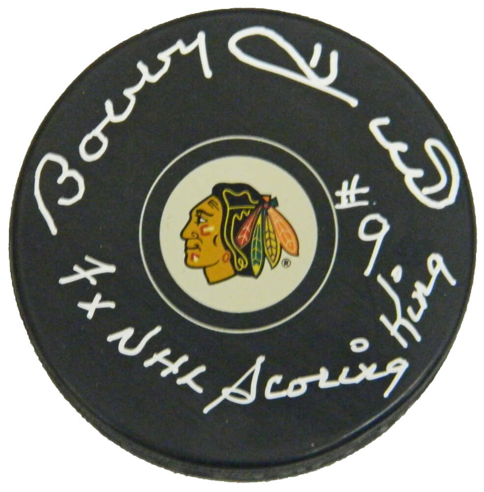 Bobby Hull Signed Chicago Blackhawks Logo Hockey Puck w/7x NHL Scoring King - HULPUC428 - Bobby Hull Signed Chicago Blackhawks Logo Hockey Puck w/7x NHL Scoring King product image