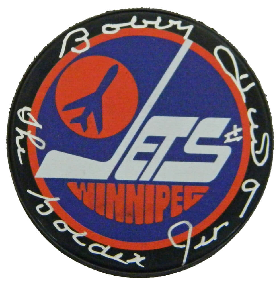Bobby Hull Signed Winnipeg Jets Throwback Logo Hockey Puck w/The Golden Jet - HULPUC431 - Bobby Hull Signed Winnipeg Jets Throwback Logo Hockey Puck w/The Golden Jet product image
