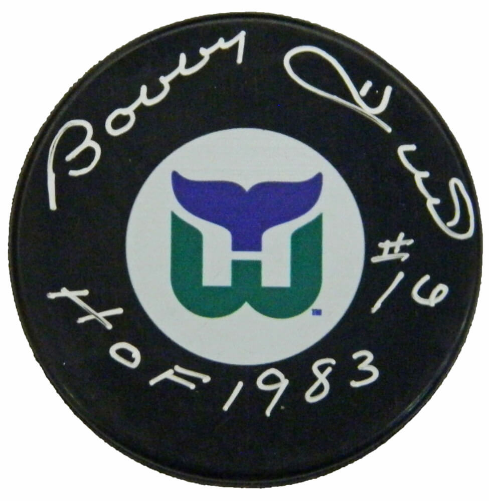Bobby Hull Signed Whalers Logo Hockey Puck w/HOF 1983 - HULPUC432 - Bobby Hull Signed Whalers Logo Hockey Puck w/HOF 1983 product image