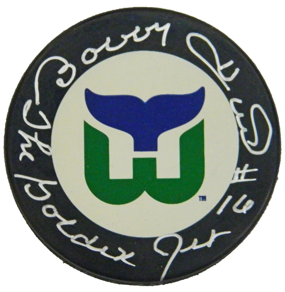 Bobby Hull Signed Hartford Whalers Large Logo Hockey Puck w/The Golden Jet - HULPUC433 - Bobby Hull Signed Hartford Whalers Large Logo Hockey Puck w/The Golden Jet product image