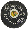 Bobby Hull & Tony Esposito Dual Signed Chicago Blackhawks Logo Hockey Puck - HULPUC436 - Bobby Hull & Tony Esposito Dual Signed Chicago Blackhawks Logo Hockey Puck product image