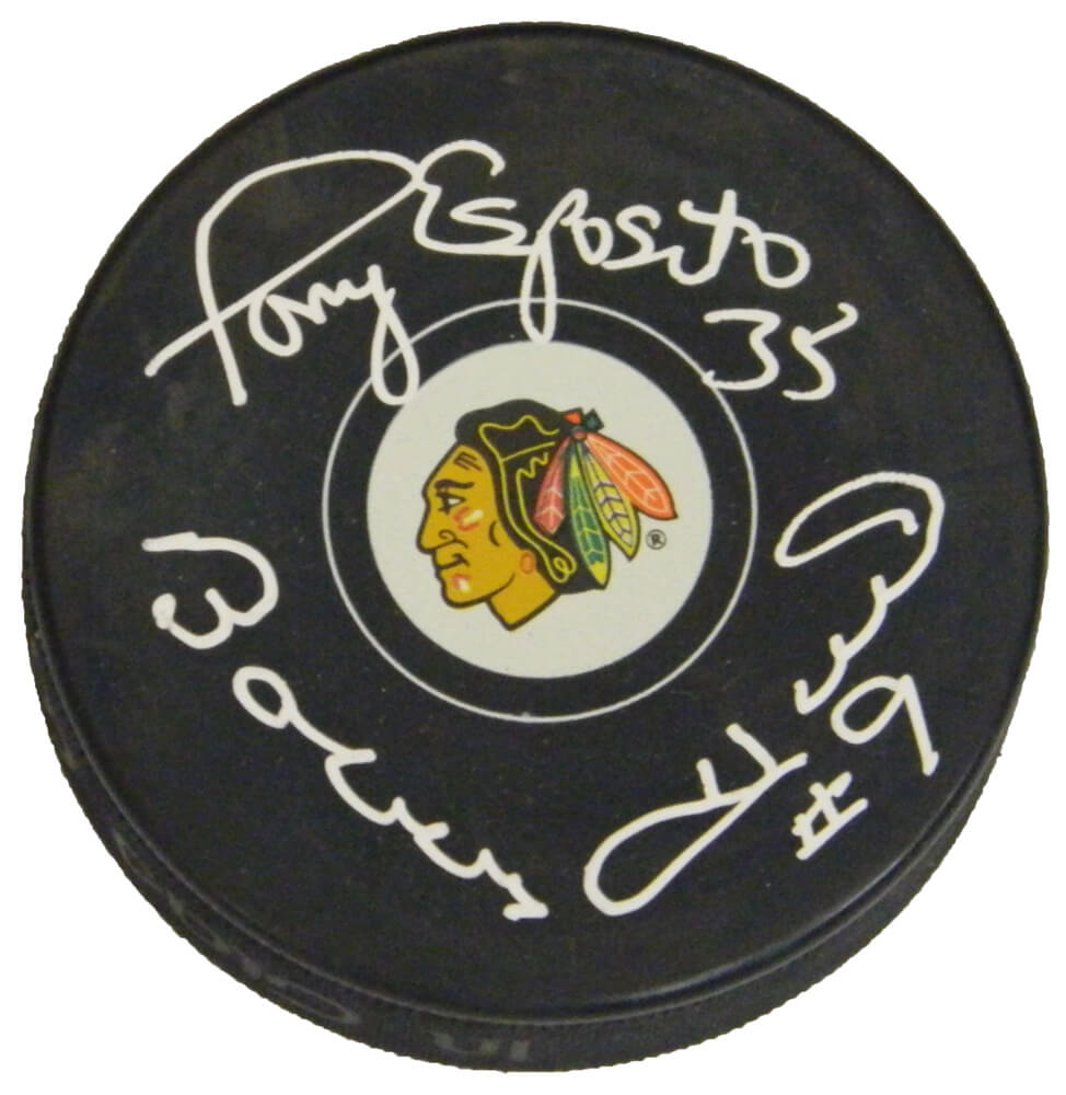 Bobby Hull & Tony Esposito Dual Signed Chicago Blackhawks Logo Hockey Puck - HULPUC436 - Bobby Hull & Tony Esposito Dual Signed Chicago Blackhawks Logo Hockey Puck product image