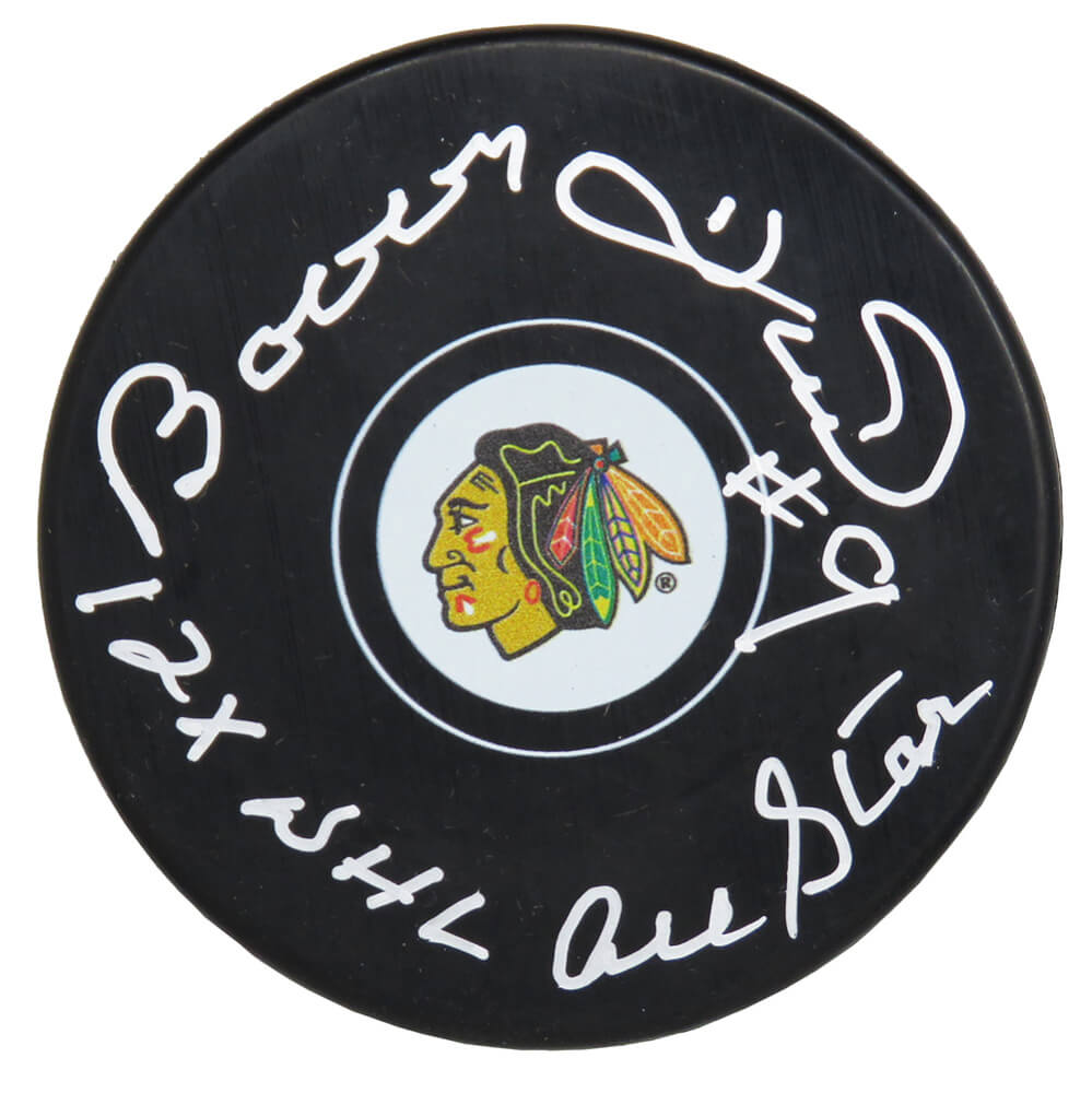 Bobby Hull Signed Chicago Blackhawks Logo Hockey Puck w/12x NHL All Star - HULPUC437 - Bobby Hull Signed Chicago Blackhawks Logo Hockey Puck w/12x NHL All Star product image