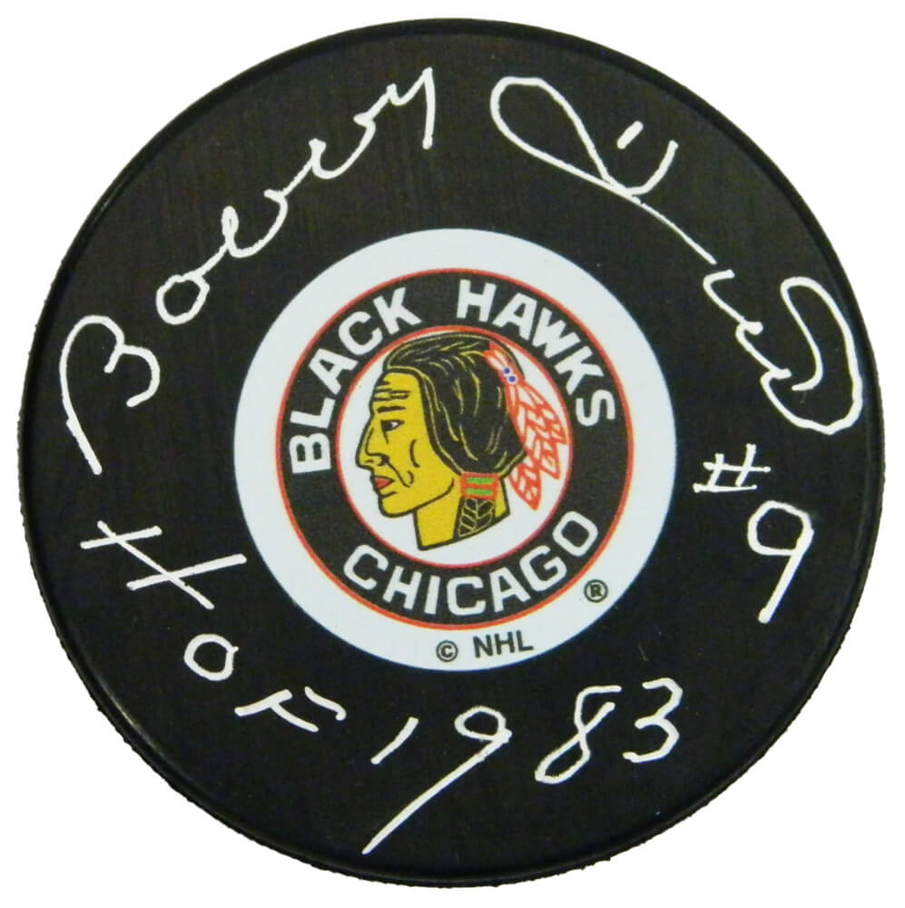 Bobby Hull Signed Chicago Blackhawks Original Six Logo Hockey Puck w/HOF 1983 - HULPUC439 - Bobby Hull Signed Chicago Blackhawks Original Six Logo Hockey Puck w/HOF 1983 product image