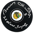 Bobby Hull Signed Blackhawks Logo Hockey Puck w/2x Hart Trophy - HULPUC440 - Bobby Hull Signed Blackhawks Logo Hockey Puck w/2x Hart Trophy product image
