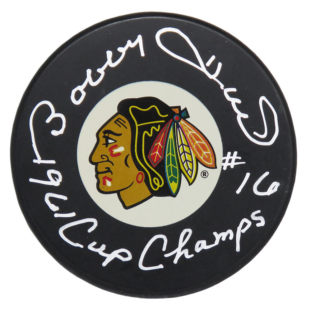Bobby Hull Signed Blackhawks Large Logo Hockey Puck w/1961 Cup Champs - HULPUC441 - Bobby Hull Signed Blackhawks Large Logo Hockey Puck w/1961 Cup Champs product image