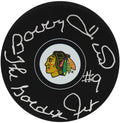 Bobby Hull Signed Chicago Blackhawks Team Logo Hockey Puck w/The Golden Jet - HULPUC442 - Bobby Hull Signed Chicago Blackhawks Team Logo Hockey Puck w/The Golden Jet product image