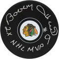 Bobby Hull Signed Chicago Blackhawks Team Logo Hockey Puck w/2x NHL MVP - HULPUC443 - Bobby Hull Signed Chicago Blackhawks Team Logo Hockey Puck w/2x NHL MVP product image