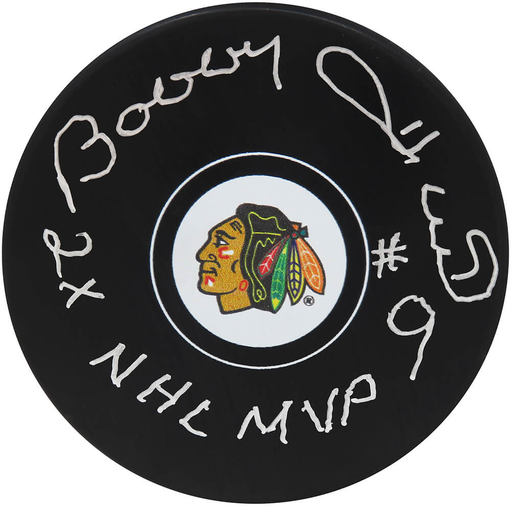Bobby Hull Signed Chicago Blackhawks Team Logo Hockey Puck w/2x NHL MVP - HULPUC443 - Bobby Hull Signed Chicago Blackhawks Team Logo Hockey Puck w/2x NHL MVP product image