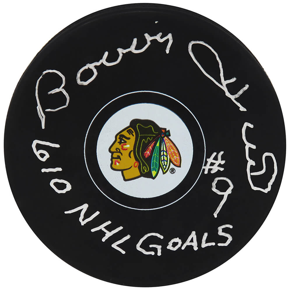 Bobby Hull Signed Chicago Blackhawks Team Logo Hockey Puck w/610 Goals - HULPUC444 - Bobby Hull Signed Chicago Blackhawks Team Logo Hockey Puck w/610 Goals product image