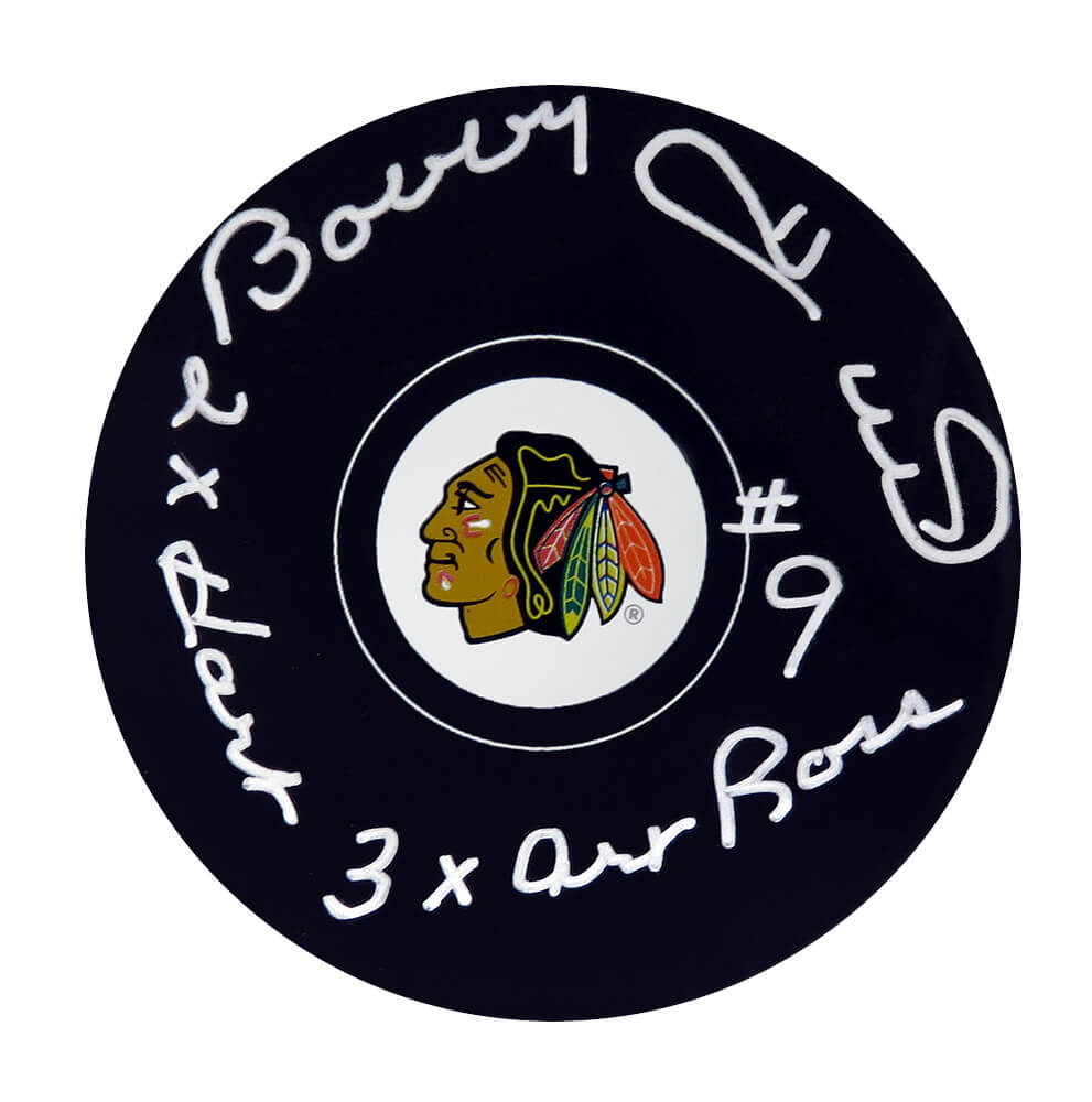 Bobby Hull Signed Chicago Blackhawks Logo Hockey Puck w/2x Hart, 3x Art Ross - HULPUC446 - Bobby Hull Signed Chicago Blackhawks Logo Hockey Puck w/2x Hart, 3x Art Ross product image