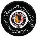 Bobby Hull Signed Chicago Blackhawks Throwback Logo Hockey Puck w/61 Cup Champs - (PSA) - HULPUC447 - Bobby Hull Signed Chicago Blackhawks Throwback Logo Hockey Puck w/61 Cup Champs - (PSA) product image