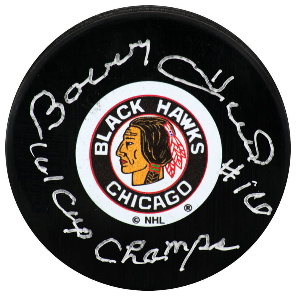 Bobby Hull Signed Chicago Blackhawks Throwback Logo Hockey Puck w/61 Cup Champs - (PSA) - HULPUC447 - Bobby Hull Signed Chicago Blackhawks Throwback Logo Hockey Puck w/61 Cup Champs - (PSA) product image