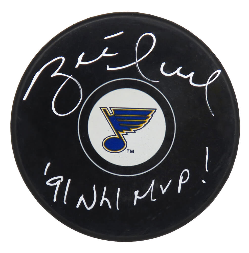 Brett Hull Signed St Louis Blue Logo Hockey Puck w/91 NHL MVP - HULPUC486 - Brett Hull Signed St Louis Blue Logo Hockey Puck w/91 NHL MVP product image