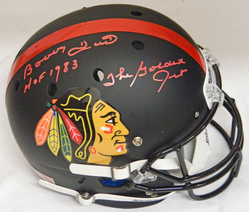 Bobby Hull Signed Chicago Blackhawks Custom Black Matte Full Size Replica Football Helmet w/The Golden Jet, HOF 1983 - HULREP400 - Bobby Hull Signed Chicago Blackhawks Custom Black Matte Full Size Replica Football Helmet w/The Golden Jet, HOF 1983 product image