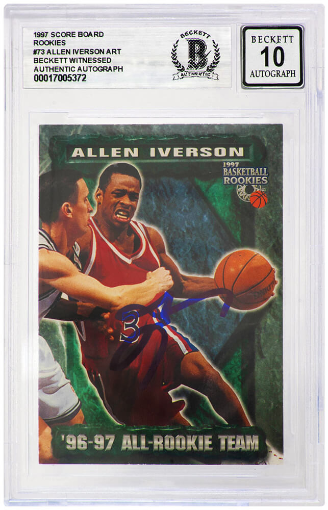 Allen Iverson Signed Philadelphia 76ers 1997 Score Board Rookie Basketball Card #73 (Beckett - Auto Grade 10) - IVECAR202 - Allen Iverson Signed Philadelphia 76ers 1997 Score Board Rookie Basketball Card #73 (Beckett - Auto Grade 10) product image