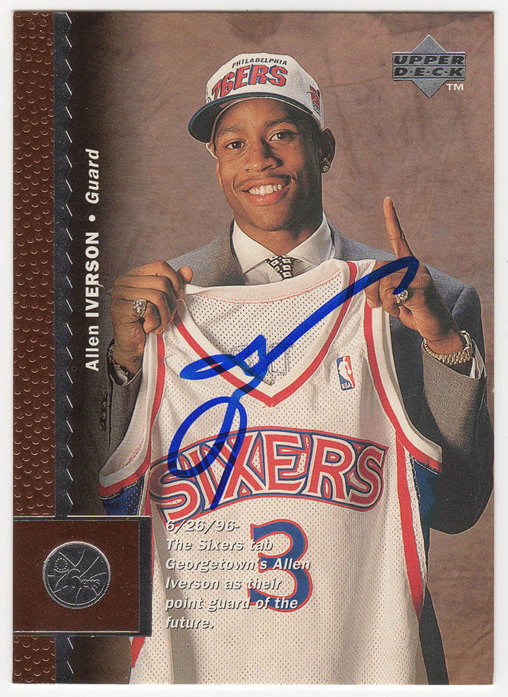 Allen Iverson Signed Philadelphia 76ers 1996 Upper Deck Basketball Rookie Trading Card #91 - IVECAR207 - Allen Iverson Signed Philadelphia 76ers 1996 Upper Deck Basketball Rookie Trading Card #91 product image