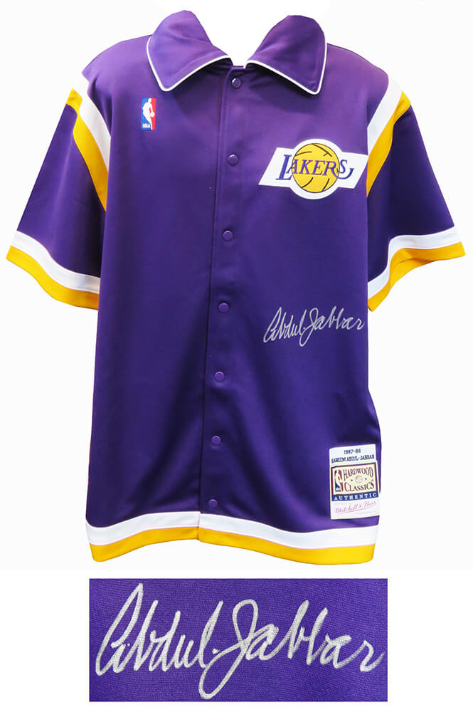 Kareem Abdul-Jabbar Signed Los Angeles Lakers Purple Mitchell & Ness NBA Warm Up Jacket - JABJRY205 - Kareem Abdul-Jabbar Signed Los Angeles Lakers Purple Mitchell & Ness NBA Warm Up Jacket product image